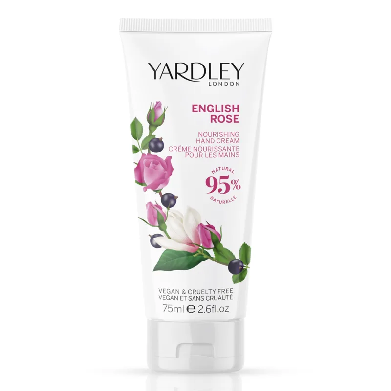 Yardley London English Rose Crema de manos, loción hidratante con clásico aroma a rosa, con manteca de karité y aceites naturales, 75 ml.