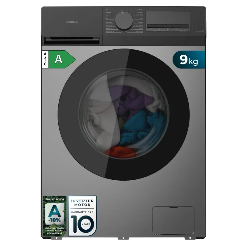 Cecotec Lavadora Carga Frontal 9Kg Bolero DressCode 9450 Inverter Steel, 1400 rpm, 16 programas, Clase A-10%, Motor Inverter Plus, Allergy Care, Pearl Drum, Función Silence, Stop&Go y Kid Lock, Steel