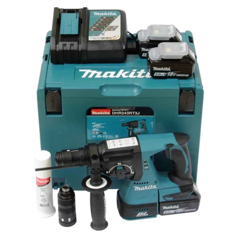 Makita DHR243RT3J - Juego de martillo perforador inalámbrico (18 V, 5,0 Ah, con 3 baterías y cargador, en maletín de transporte MAKPAC)
