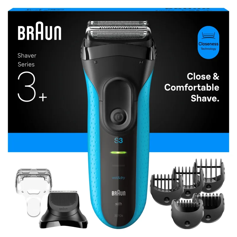 Braun Afeitadora eléctrica serie 3+, 3 cuchillas flexibles, micropeine de eficiencia, accesorio para recortadora de barba, +5 peines, maquinilla de afeitar húmeda y seca para hombres, fabricada en