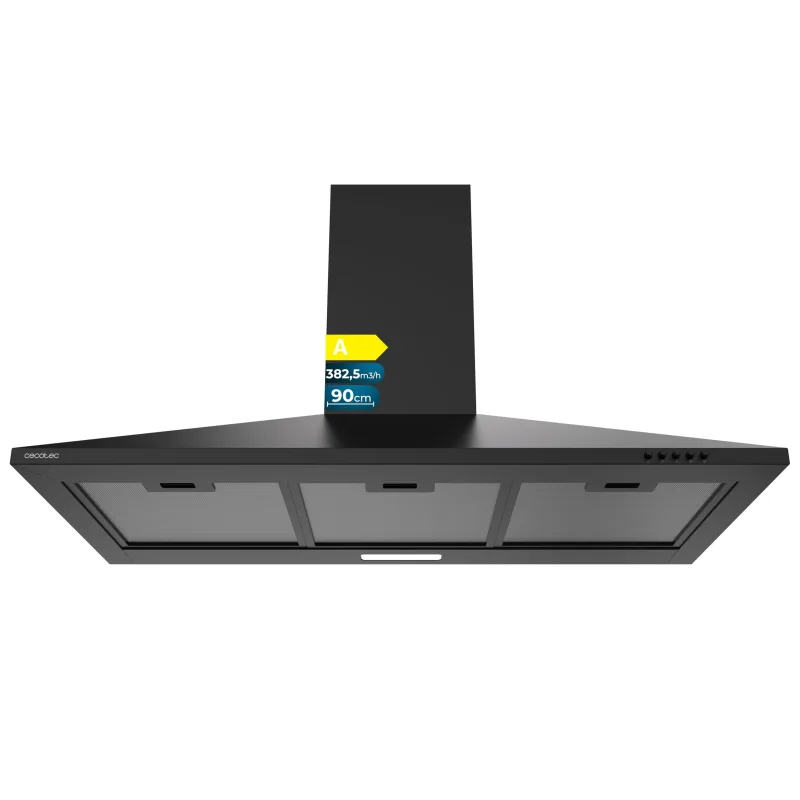 Campana extractora piramidal cecotec bolero flux pm 904000 black a, 90cm de ancho, acabado negro pintado, motor dc, eficiencia energética clase a, 400 m³/h, luz led y filtros de carbono incluidos