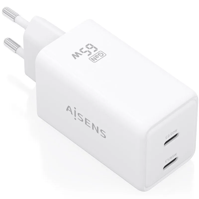 AISENS Cargador GaN 65W, 2xUSB-C PD3.0 QC4.0, Blanco