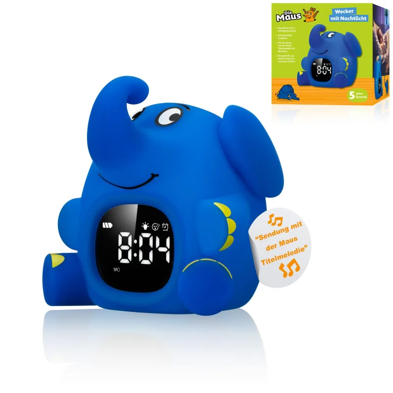 Bresser DieMouse - Despertador con luz nocturna para niños, 3 niveles, silicona a prueba de niños, 6 tonos de alarma, USB-C, función de repetición