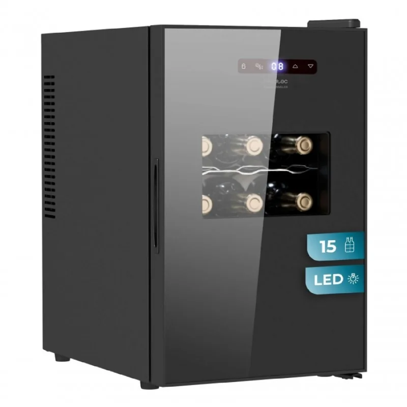 Cecotec Vinoteca Bolero GrandSommelier 1550 CoolCrystal. Bodega para 15 botellas, temperatura ajustable de 5-18ºC, enfriamiento termoeléctrico, silenciosa con 35 dB, panel táctil y LED eco-friendly.
