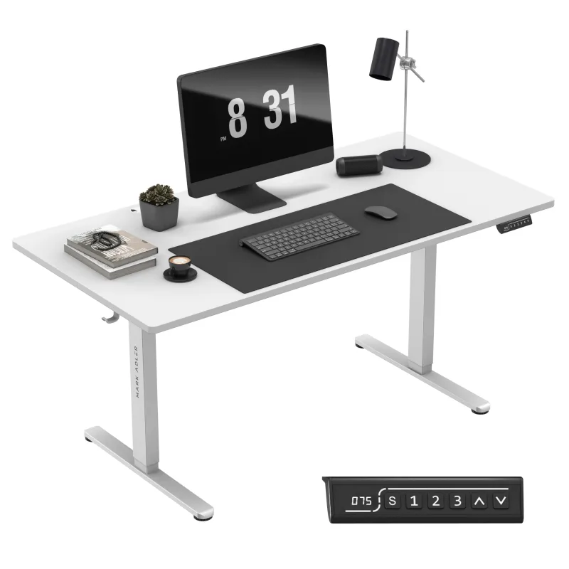MARK ADLER Leader 7.6 White - Escritorio de pie con altura ajustable, 160 x 80 cm, 3 controles de memoria, pantalla táctil, pasacables para auriculares, soporte para bebidas, color blanco