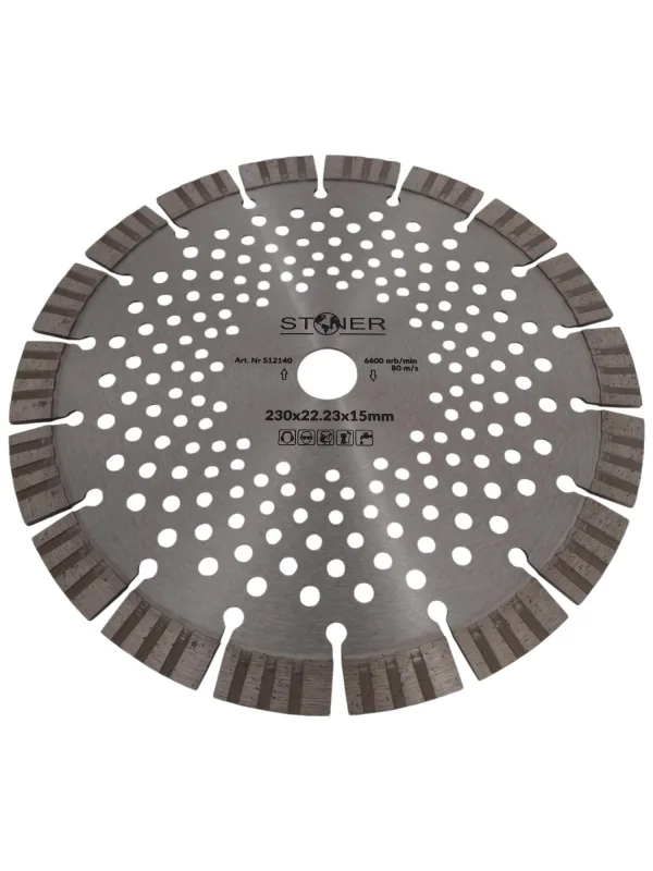 Disco diamantado 230mm, Stoner, segmento V-Turbo, 15mm, para corte de alto rendimiento en materiales duros, gran durabilidad y precisión para trabajos profesionales.