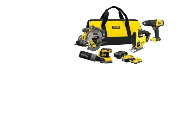 Stanley, SFMCK412MDS, set herramientas inalámbricas, taladro sierra amoladora multiherramienta, sistema V20 20V, 2 baterías, cargador y bolsa, negro con amarillo