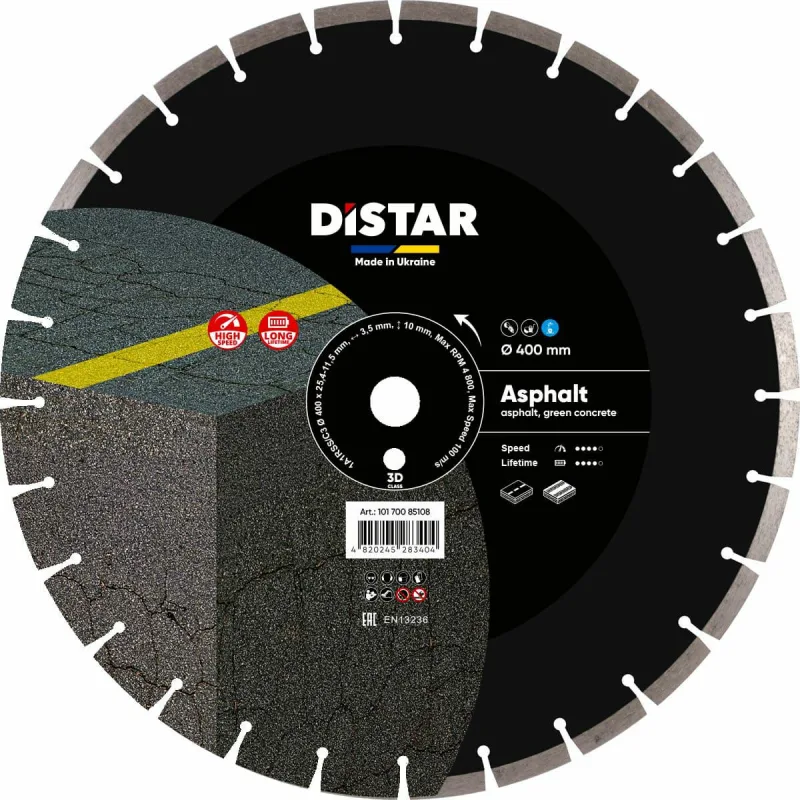Disco de corte diamante, Distar, modelo Asphalt 400 x 3,5/2,5 x 25,4 mm - alto rendimiento y precisión para cortes rápidos en asfalto, concreto y materiales duros.