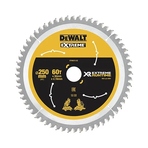 Hoja de sierra circular DeWalt DT99573-QZ, 250 mm, 80 dientes, corte preciso en madera y materiales compuestos, compatible con sierras de mesa y portátiles.