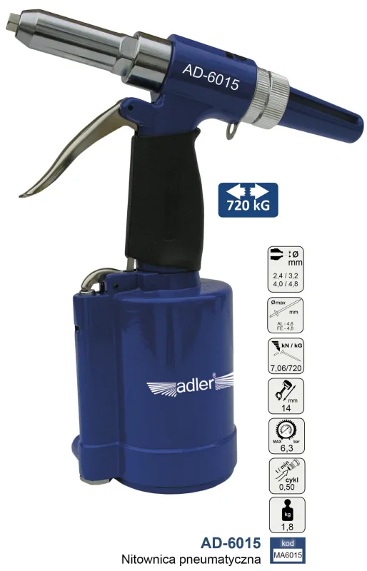 Adler Remachadora neumática AD-6015, herramienta profesional para fijaciones industriales y mecánicas, sistema de impacto neumático, diseño ergonómico, recubrimiento protector, color metálico.