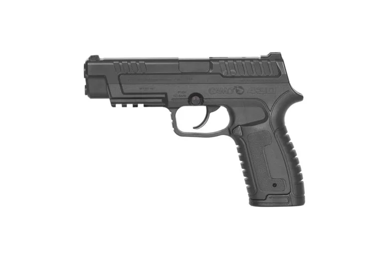 Pistola de aire comprimido Gamo P-430, ideal para tiro recreativo, CO2, calibre 4.5 mm, cargador rotativo de 16 disparos, cañón estriado, seguro manual, negra.