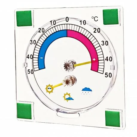 Termómetro bimetálico, medición de temperatura exterior, instalación en ventana, funcionamiento sin baterías, precisión climática confiable, diseño resistente
