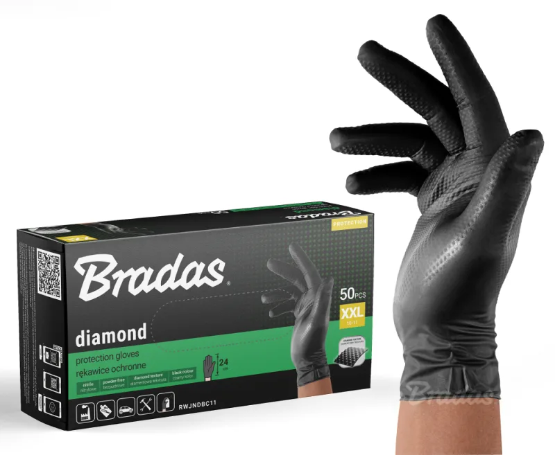 Guantes de nitrilo Diamond Negros XXL (10-11), resistentes a aceites y productos químicos, color negro para mayor protección, paquete de 50 unidades, ideales para trabajo profesional