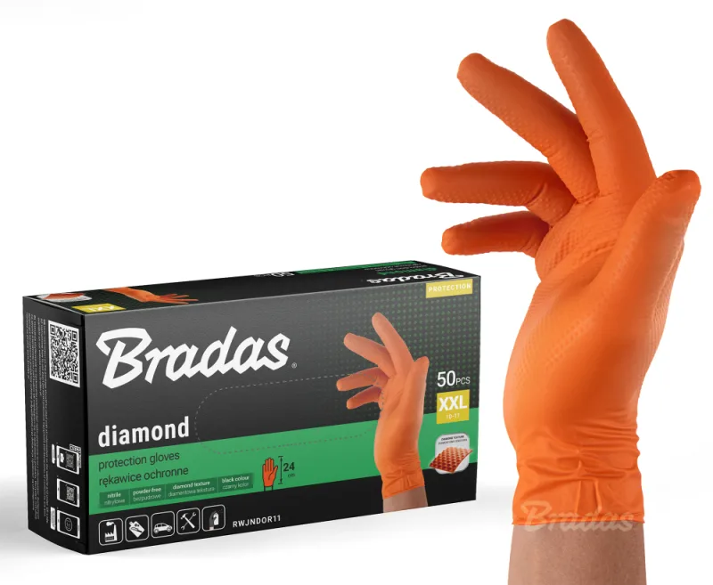 Guantes de nitrilo Diamond Naranja XXL (10-11), resistentes a aceites y productos químicos, color brillante para mayor visibilidad, paquete de 50 unidades, ideales para trabajo profesional