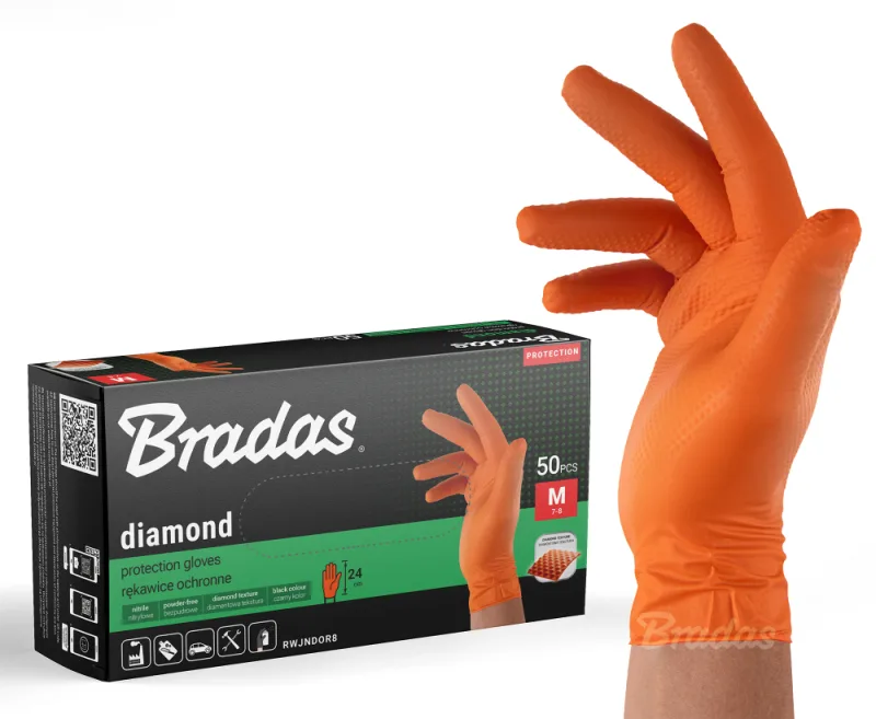 Guantes de nitrilo Diamond Naranja M (7-8), resistentes a aceites y productos químicos, color brillante para mayor visibilidad, paquete de 50 unidades, ideales para trabajo profesional