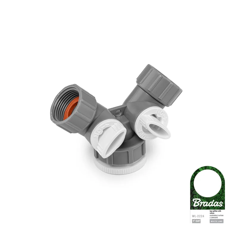 Bradas, modelo WL-2224, Distribuidor 2 vías 1"-3/4" con válvulas, ideal para riego, control eficiente del flujo de agua, fácil de instalar, duradero, para jardines