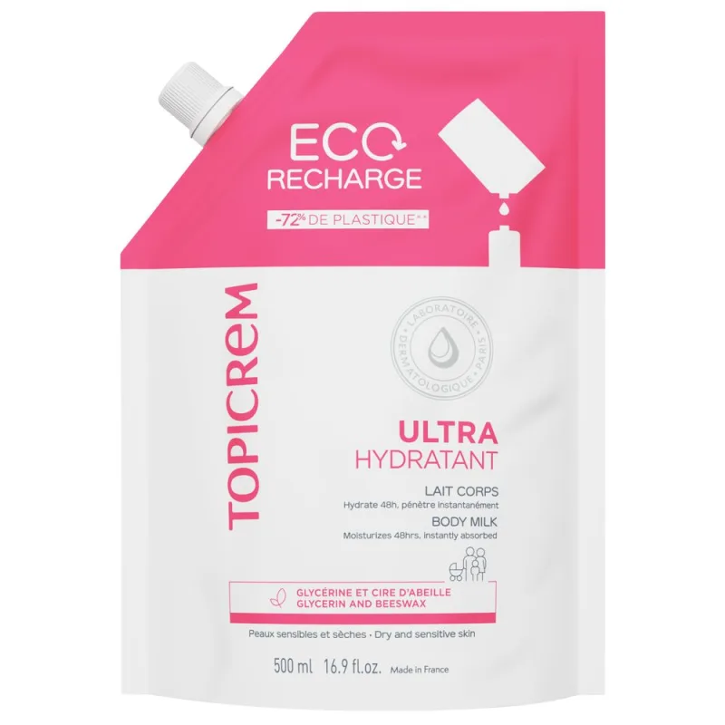 Topicrem - Eco Recarga Ultra Hidratante, Leche Corporal - Hidrata 48 horas, Répidos, Protege la Piel - Textura Untuosa - Crema Hidratante para Piel Sensible, Producción Francesa - 500 ml