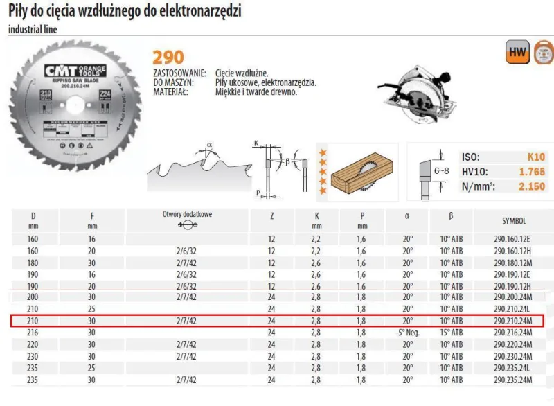 CMT Orange Tools 290.210.24M - Sierra circular 210x2.8x30 z 24 atb 20 grados