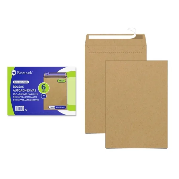 Bismark pack de 6 sobres de papel kraft 90gr - medidas 184x261mm - cierre autoadhesivo - color marron