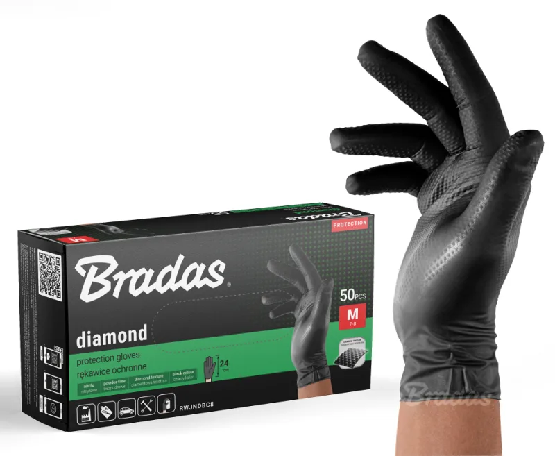 Guantes de nitrilo Diamond Negros M (7-8), resistentes a aceites y productos químicos, color negro para mayor protección, paquete de 50 unidades, ideales para trabajo profesional