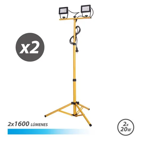 Proyector LED Elbat con trípode 2 x 20 W - 1600 lúmenes - Luz fría 6500 K - Cable de 3 m - IP65 para exterior