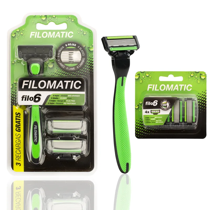 Filomatic Filo6 Maquinilla de Afeitar para Hombre con Cabezales de 6 Hojas - Afeitado Apurado - Cabezal Basculante y Banda Lubricante - Diseño Abierto de Fácil Limpieza (Maquina + 7 Cabezales)