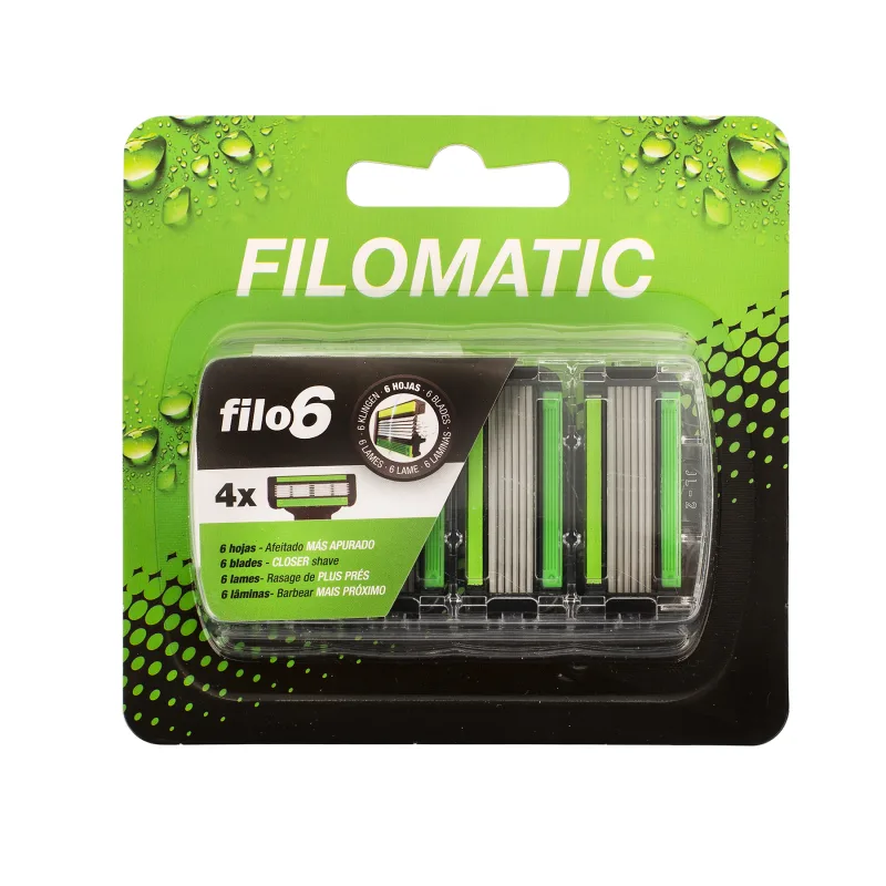 Filomatic Filo6 Pack 4 Cuchillas de Recambio - 6 Hojas de Alto Rendimiento para Afeitado Apurado y Preciso - Banda Lubricante y Cabezal Basculante - Compatible con Maquinilla Filomatic Filo6