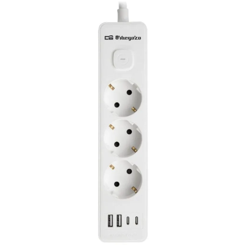 Regleta eléctrica Orbegozo 7 en 1, 3 enchufes VDE con Toma de Tierra 2 Conexiones USB-A y 2 USB-C. Potencia 3680W. Cable de 1.4 M