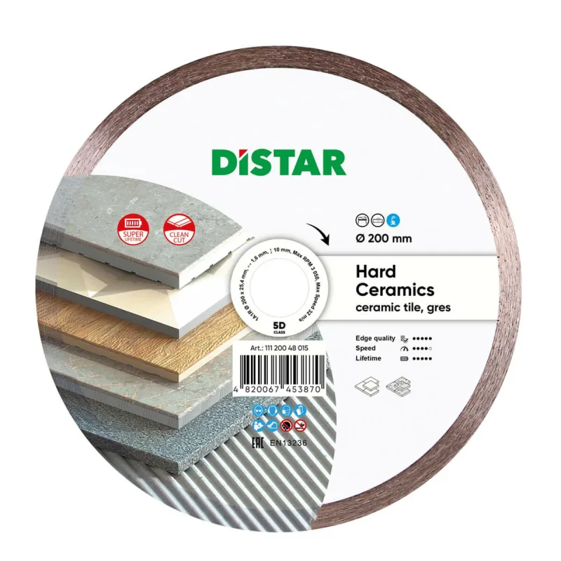 Disco Diamantado Distar Hard Ceramics 200 x 1,6 x 10 x 25,4mm, corte preciso y rápido, ideal para cerámica, porcelánico y materiales duros, alto rendimiento y durabilidad