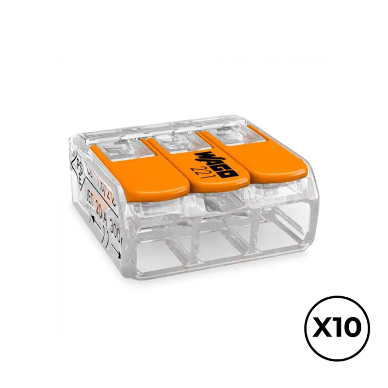 Conector rapido con palanca 3 conductores, ø maximo 4 mm², 450 v , 32 a transparente 18,8 x 18,6 x 8,4 mm. contiene 10 unidades