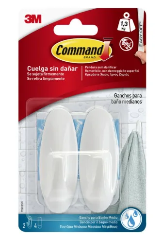 Command Ganchos de Diseño para Baño, Blanco - 2 Ganchos y 4 Tiras Medianas Resistente al Agua - Sin Agujeros - Hasta 1,3 kg