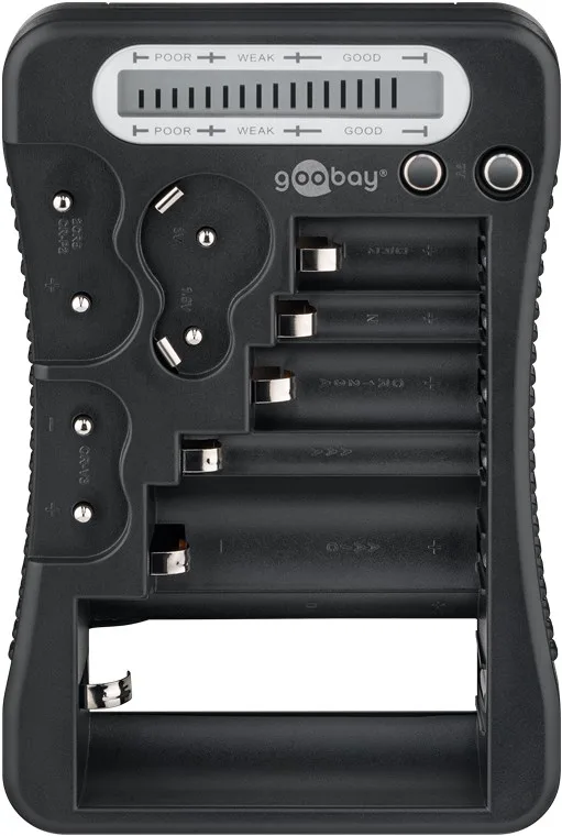 goobay - Comprobador de pilas con pantalla LCD, baterías recargables y pilas de botón, Probador de pilas LCD, tester de pilas y baterías recargables/AA, AAA, 9V, C, D, CR2032, 72511