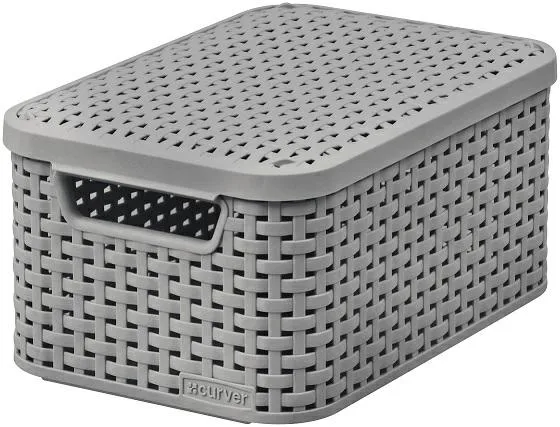 Curver Caja de almacenamiento de ratán con tapa, cesta de almacenamiento, de plástico, hecha de material reciclado en al menos un 70% (gris claro, S: 28,5 x 19,4 x 13 cm)