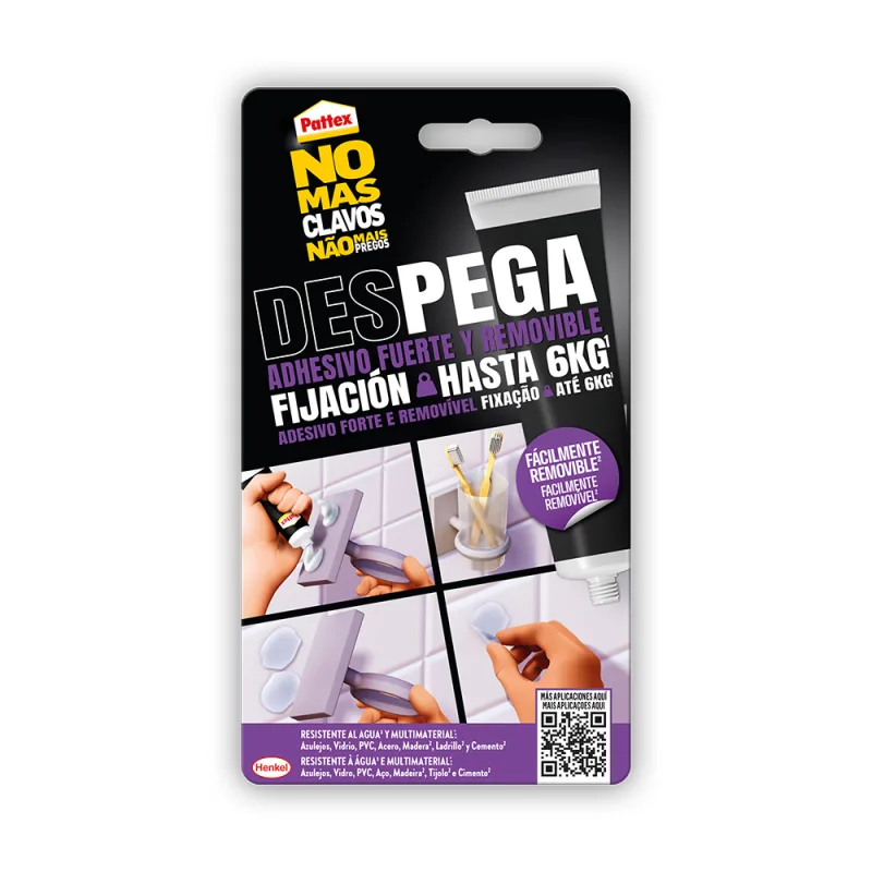 Pattex No Más Clavos Des-Pega, adhesivo de montaje fuerte y fácilmente, resistente al agua con poder de fijación de hasta 6 kg y alto agarre inicial, transparente, 44 g (El embalaje puede variar)