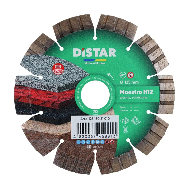 Disco de corte diamantado, Distar Maestro H12 125 x 2,2/1,3 x 22,23mm, ideal para materiales duros, corte preciso y duradero, alta resistencia para trabajos profesionales.