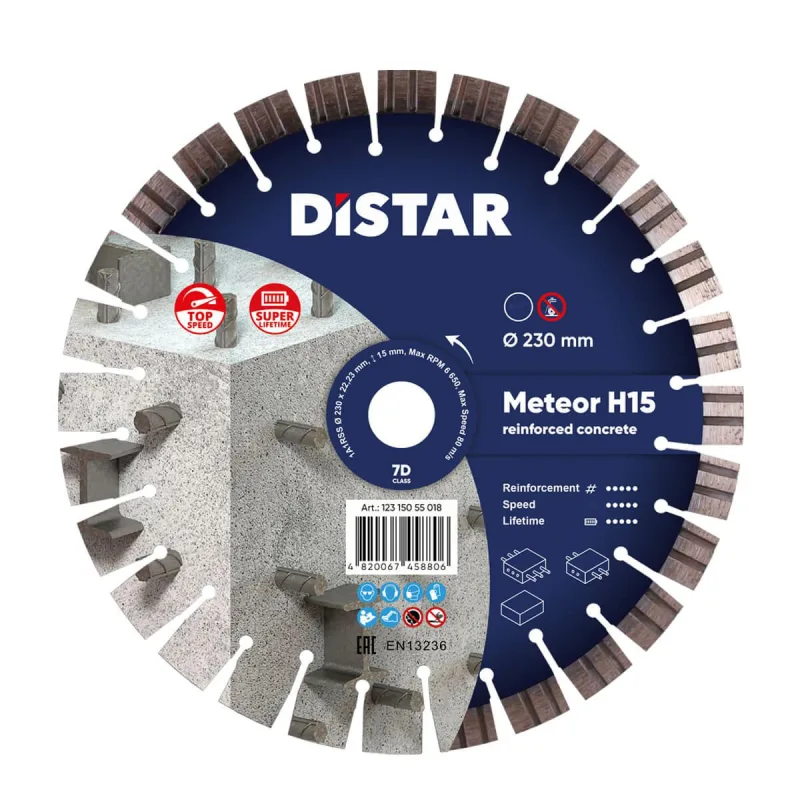 Disco de corte diamantado, Distar Meteor H15 230 x 2,6/1,6 x 22,23mm, ideal para materiales duros, corte rápido y preciso, alta resistencia para trabajos profesionales intensivos.