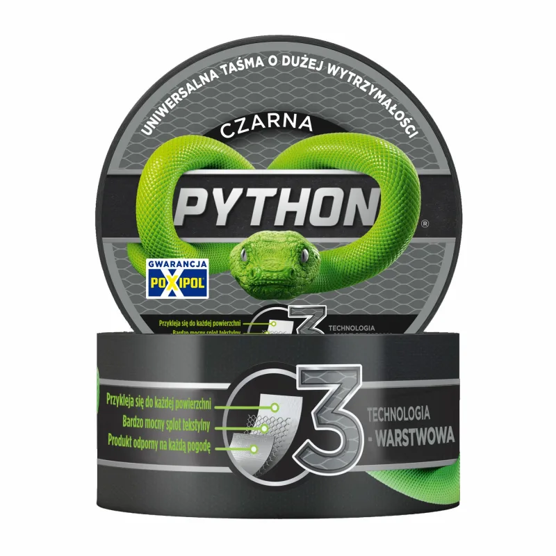 ST, modelo ST40188, cinta universal Python 48mm x 9m, color negro, ideal para reparaciones generales, alta resistencia y versatilidad en aplicaciones domésticas e industriales.