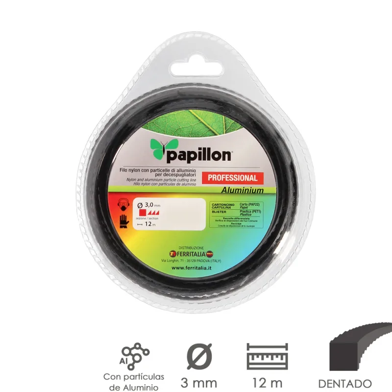PAPILLON Hilo Nylon Desbrozadoras Cuadrado Dentado Profesional Ø 3,0 mm. Rollo 12 metros. Hilo Nylon Corte Desbrozadores Hierba,