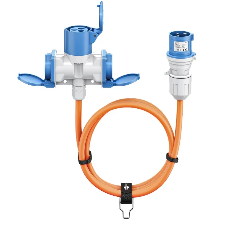goobay Cable Adaptador CEE para Caravana, 10m, Enchufe CEE a 1x Toma CEE y 2X Toma con Contacto de protección, IP 44, Cable de Camping, autocarava y Obras, 76266