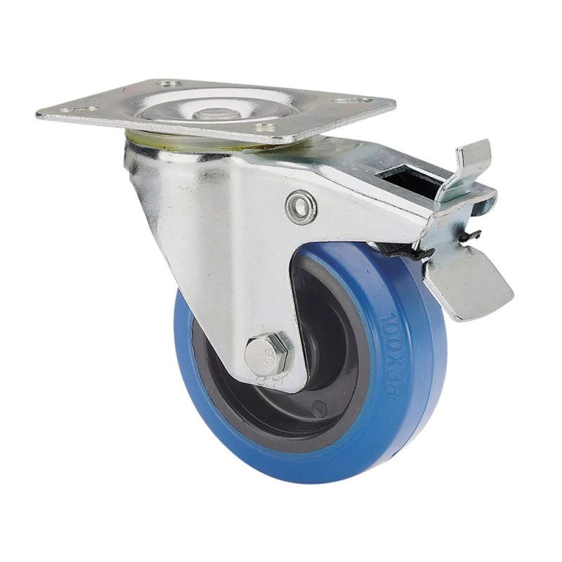 Rueda giratoria de goma con placa, eje de rodillos y freno, azul, máx. carga 80 kg, diámetro 8 cm