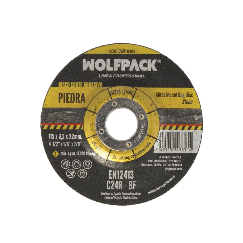 WOLFPACK LINEA PROFESIONAL Disco Corte Abrasivo Piedra Ø 115 x Ø 22 mm. Espesor 3,2 mm. Disco Radial/Amoladora Universal Con Todas Las Amoladoras.