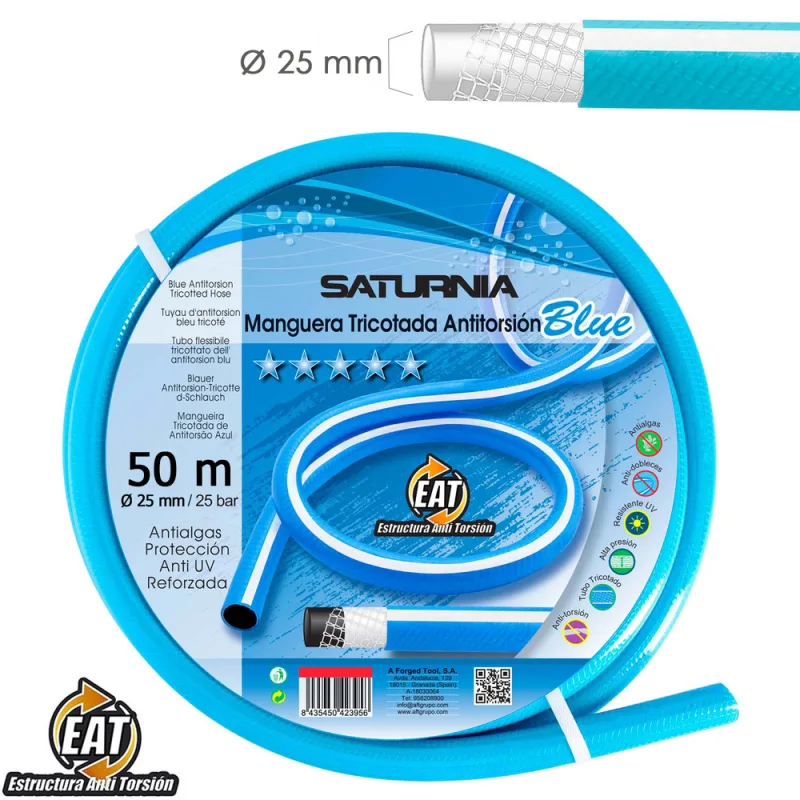 SATURNIA Manguera Tricotada No Torsion Blue Ø 25 mm. Rollo 50 Metros. Manguera Anti Torsion, Manguera Sin Dobleces, Manguera Sin Nudos