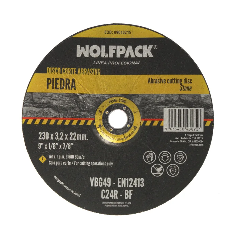 WOLFPACK LINEA PROFESIONAL Disco Corte Abrasivo Piedra Ø 230 x Ø 22 mm. Espesor 3,2 mm. Disco Radial/Amoladora Universal Con Todas Las Amoladoras.