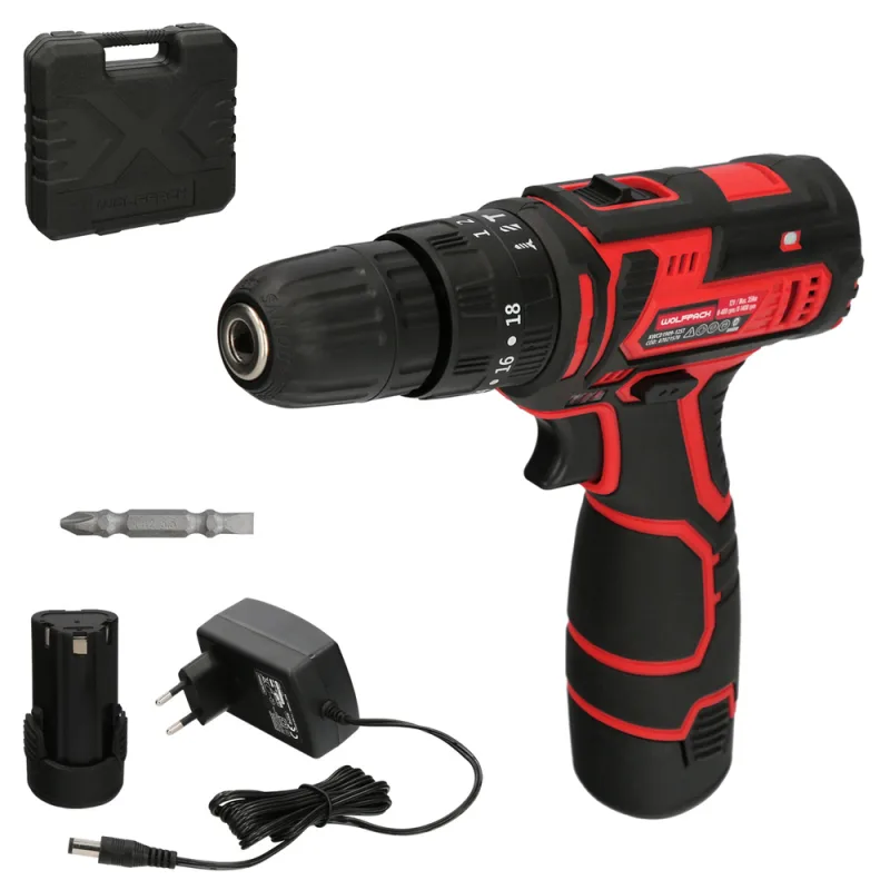 WOLFPACK LINEA PROFESIONAL Taladro Atornillador 12 V. Con 2 Velocidades y Percutor. Bateria 1.300 mAh. Par Apriete 35 Nm.