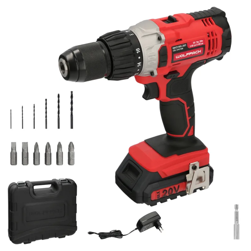 WOLFPACK LINEA PROFESIONAL Taladro Atornillador 20 V. Con 2 Velocidades y Percutor. Bateria 2 Ah. Par Apriete 50 Nm.