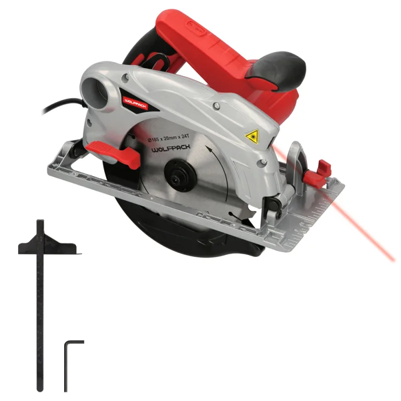 WOLFPACK LINEA PROFESIONAL Sierra Circular 1300 Watt. Con Laser Disco 185 mm. 4.700 RPM Corte Inglete Regulador de Profundidad. Ingletadora, Sierra Madera