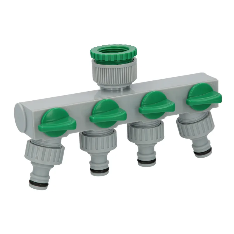 Adaptador manguera plastico 3/4" - 1" 4 vias, distribuidor 4 vias, divisor manguera, ajuste independiente, tomas 1/2+adaptador