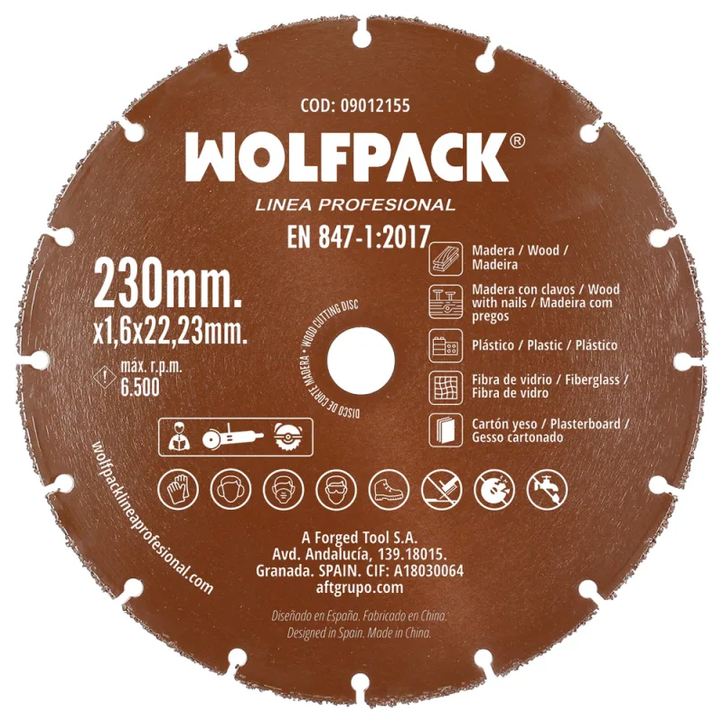 WOLFPACK LINEA PROFESIONAL Disco Corte Madera/Plastico Ø 230 mm. Filo De Carburo De Tungsteno