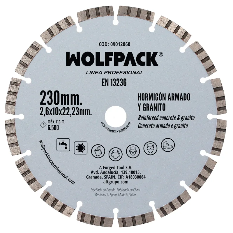 WOLFPACK LINEA PROFESIONAL Disco Diamante Hormigon Armado/Granito Ø 230 mm. Segmento Diamantado 10 mm.