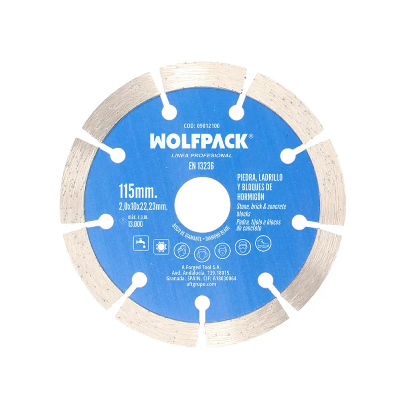 WOLFPACK LINEA PROFESIONAL Disco Diamante Ø 115 mm. Piedra, Ladrillo, Refractarios, Bloques de Hormigon. Segmento Diamantado 10 mm.